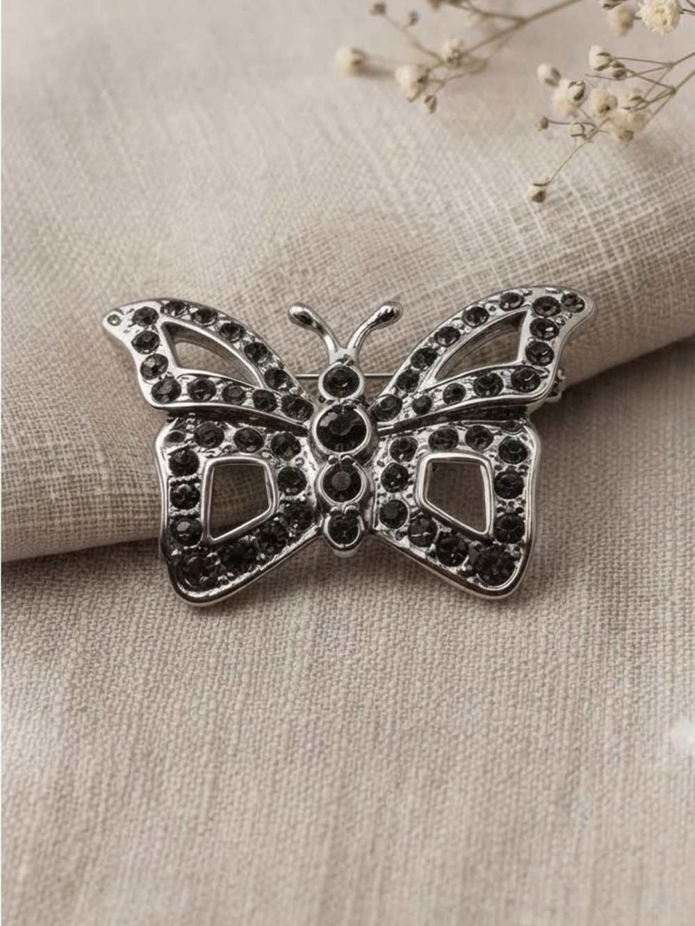 Smoky Crystal Butterfly Brooch